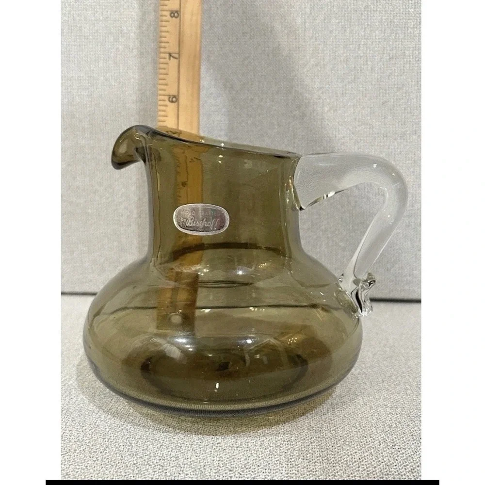 Bischoff Hand Crafted Glass Pitcher Olive Green‎ Smoke / Avocado MCM 6in